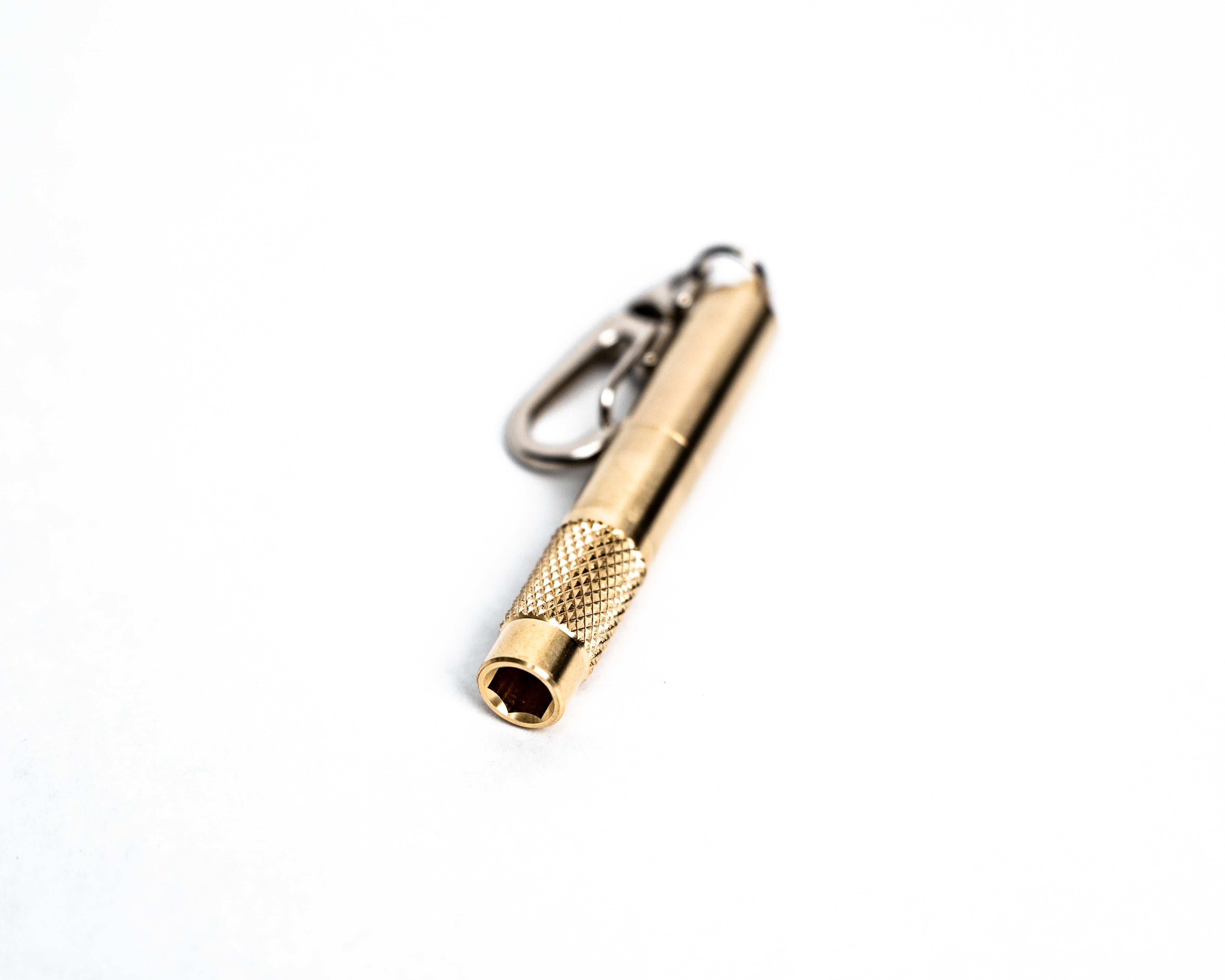 End view of brass screwdriver keychain.